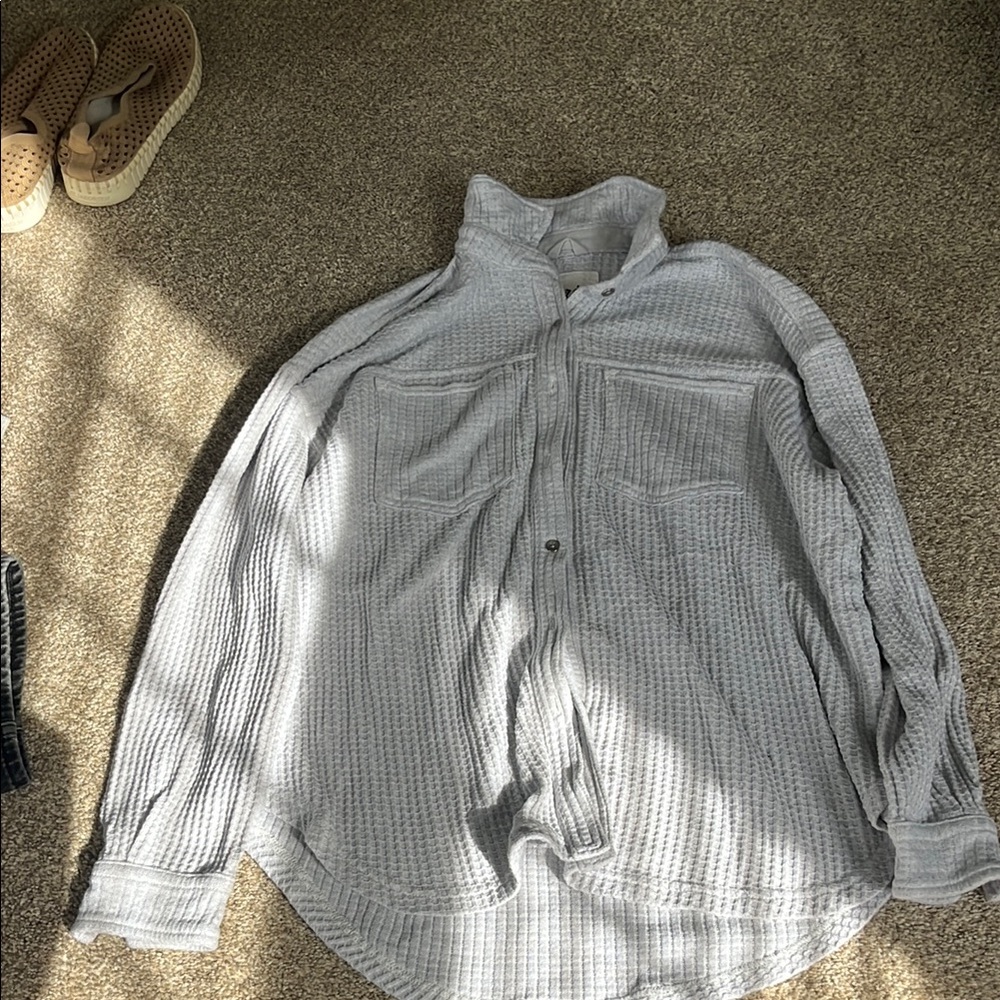 Gray Waffle Knit Button-Up Aerie Shirt